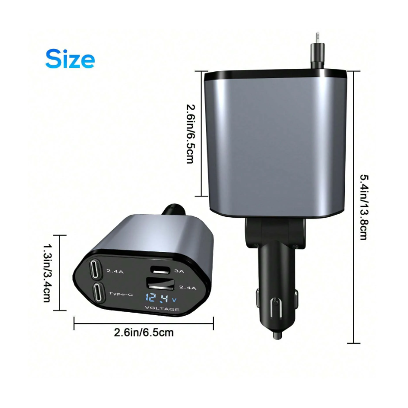W&O 120W 4-In-1 Retractable Super Fast Car Charger