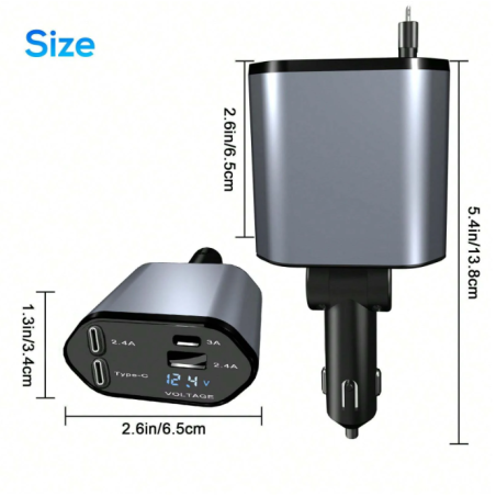W&O 120W 4-In-1 Retractable Super Fast Car Charger