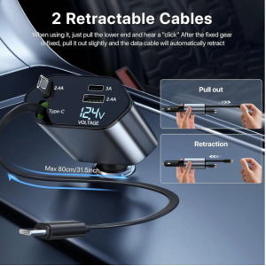 W&O 120W 4-In-1 Retractable Super Fast Car Charger