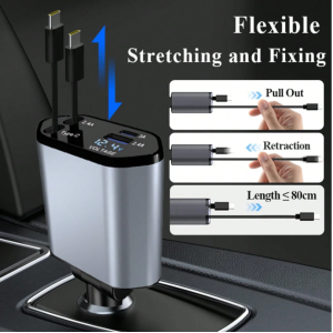 W&O 120W 4-In-1 Retractable Super Fast Car Charger