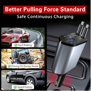 W&O 120W 4-In-1 Retractable Super Fast Car Charger