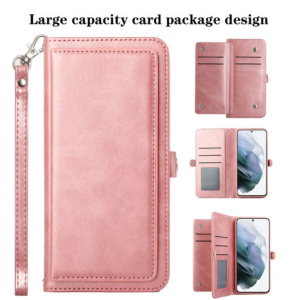Case with Card Holder Slots and Wrist Strap for Motorola Moto G Play 2023 / Moto G Power 2022 / Moto G Pure (Rose Gold)