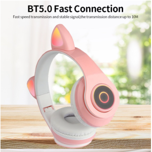 Bluetooth Wireless Cute Cat LED Foldable Headphone Headset for Universal Cell Phones, Laptop, Tablet, and More (Black)