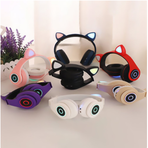 Bluetooth Wireless Cute Cat LED Foldable Headphone Headset for Universal Cell Phones, Laptop, Tablet, and More (Black)
