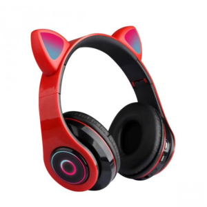 Bluetooth Wireless Cute Cat LED Foldable Headphone Headset for Universal Cell Phones, Laptop, Tablet, and More (Red)