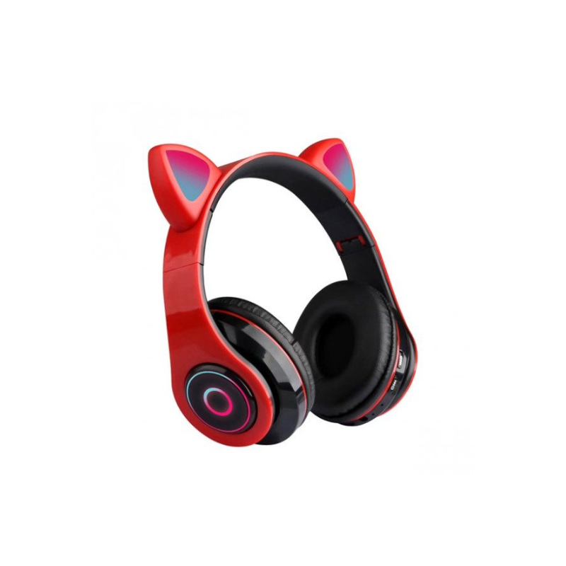 Bluetooth Wireless Cute Cat LED Foldable Headphone Headset for Universal Cell Phones, Laptop, Tablet, and More (Red)