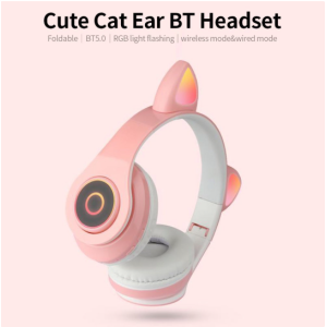 Bluetooth Wireless Cute Cat LED Foldable Headphone Headset for Universal Cell Phones, Laptop, Tablet, and More (Red)