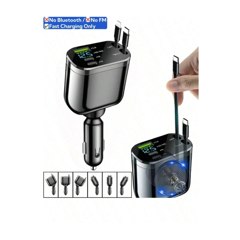 YITUMU 66W Retractable Car Charger With Digital Display, 5-In-1