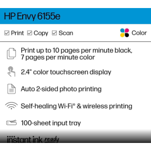 HP Envy 6155e All-in-One Inkjet Printer, Color Mobile Print, Copy, Scan, Mobile