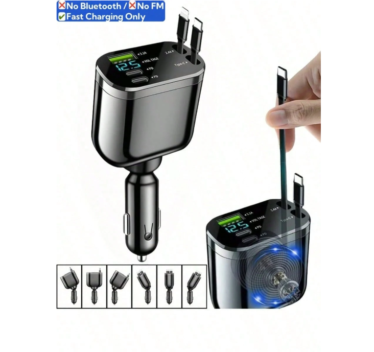 YITUMU 66W Retractable Car Charger With Digital Display, 5-In-1