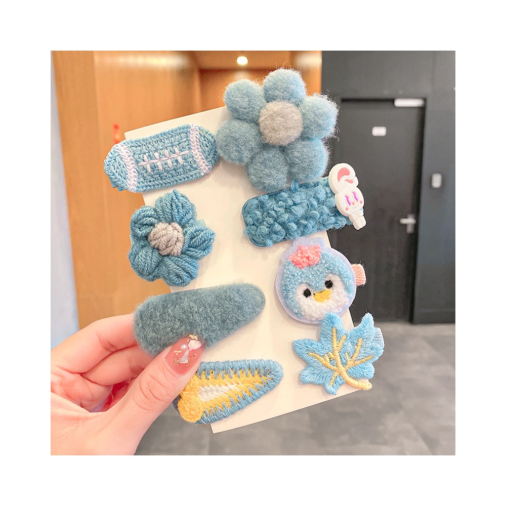 Children's Autumn And Winter Plush Hairpin Set Cartoon Blue-Eight pie...