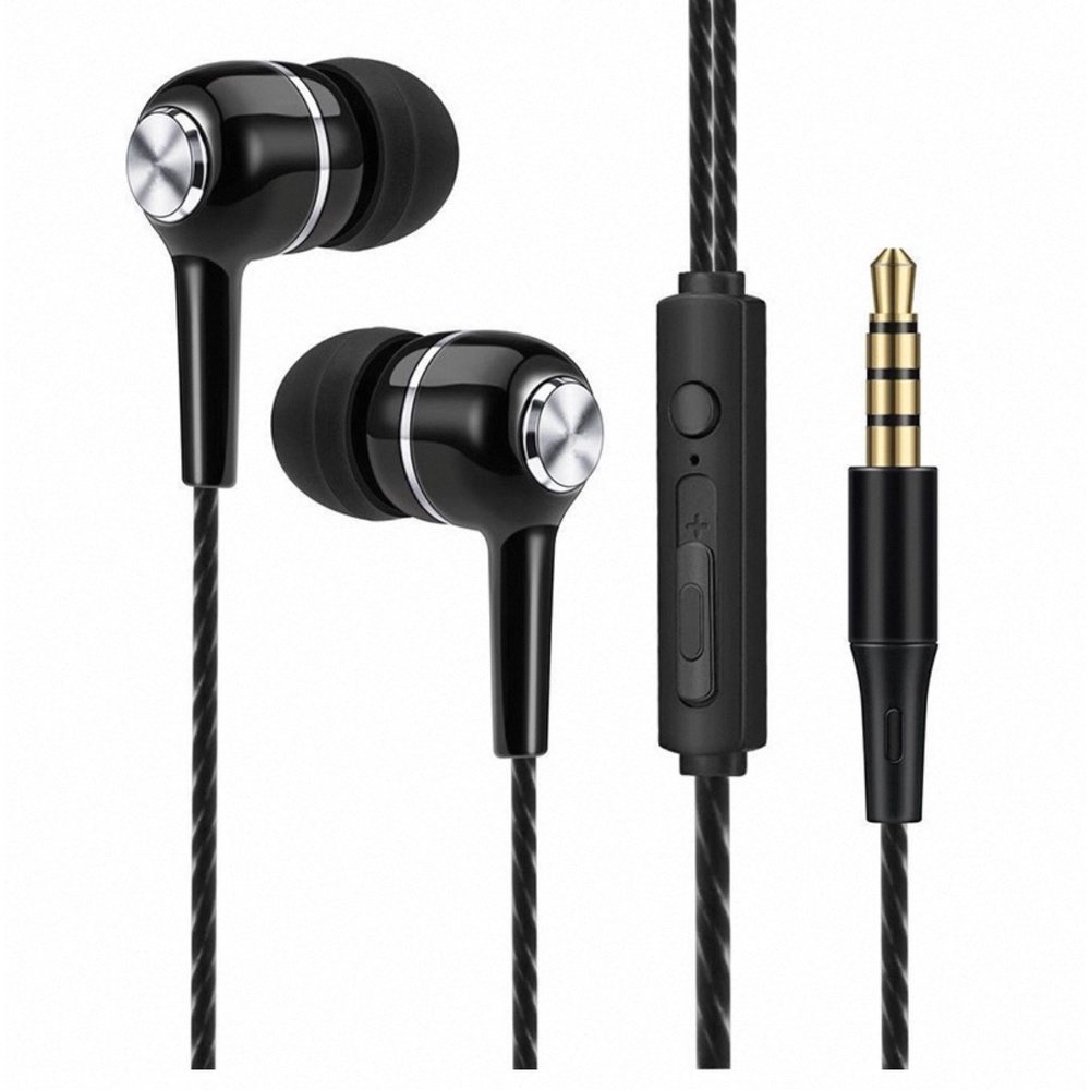 Computer Dual Jack Long Cord In-Ear Bass Headphones Black