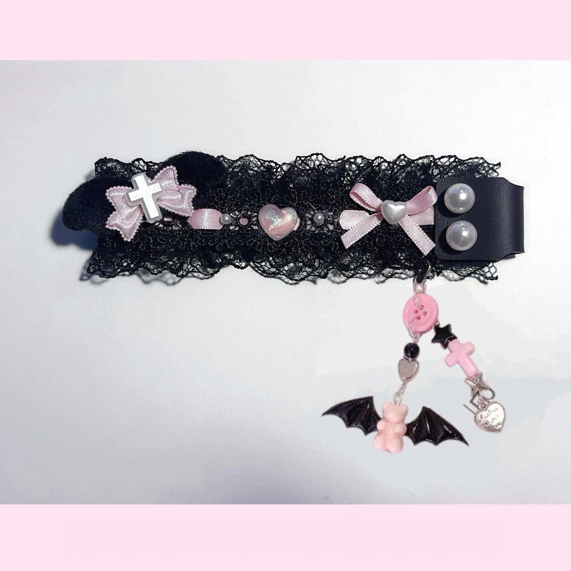 Lace Black And Pink Keyboard Ribbon Charm - Black