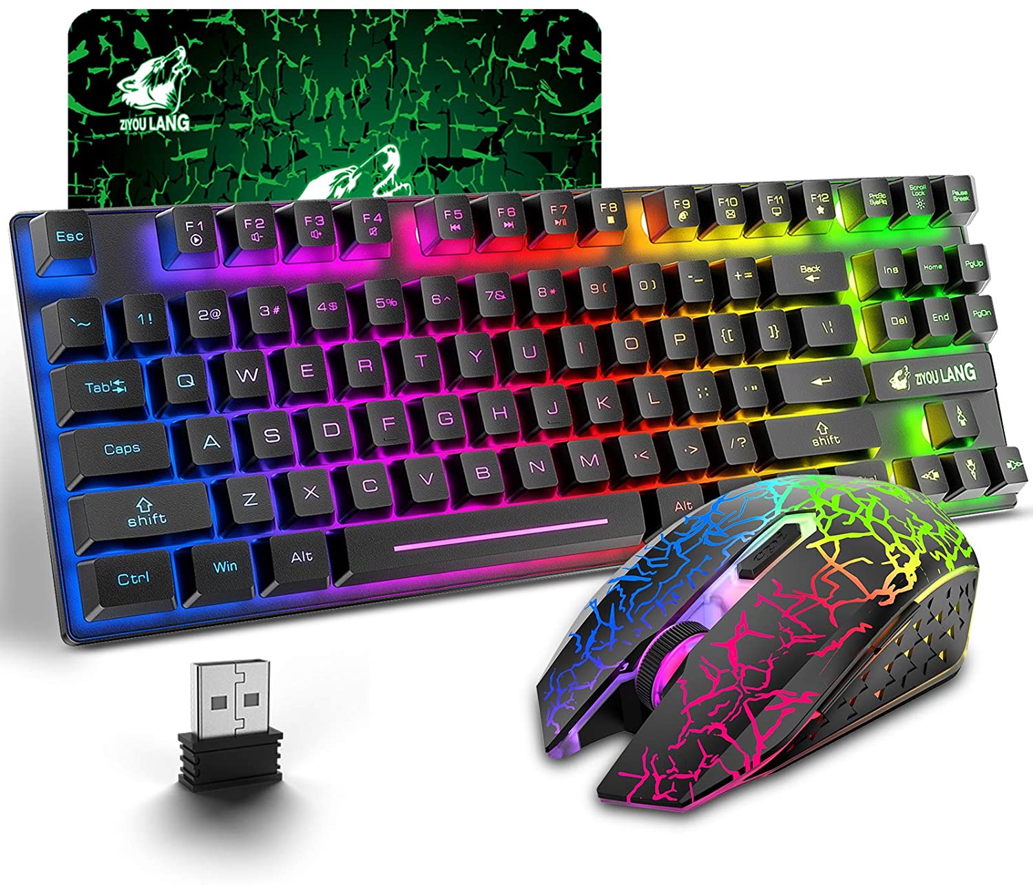 T87 Wireless Gaming Keyboard And Mouse Rainbow Backlit For PC Mac PS4...