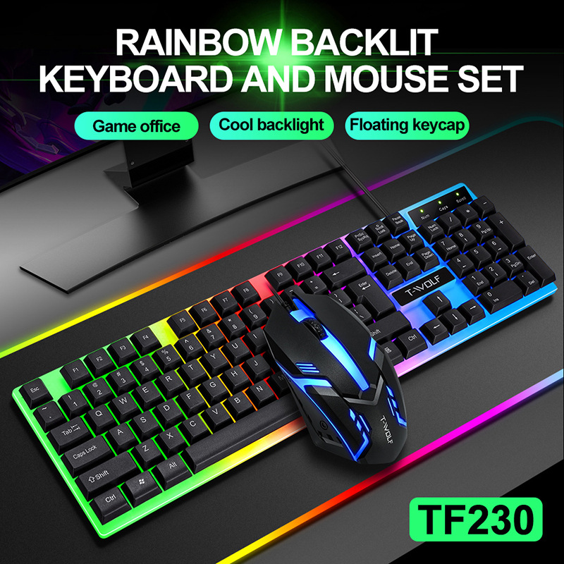 Wired Rainbow Backlit USB Interface Game Keyboard Ergonomic Game  - B...
