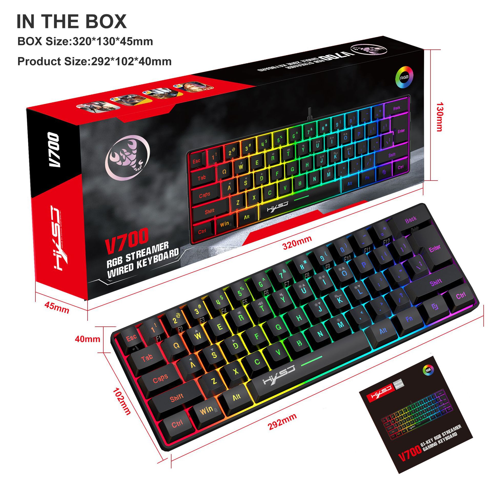 HXSJ 61 Key Gaming Membrane Keyboard RGB Light Multiple Shortcut Comb...