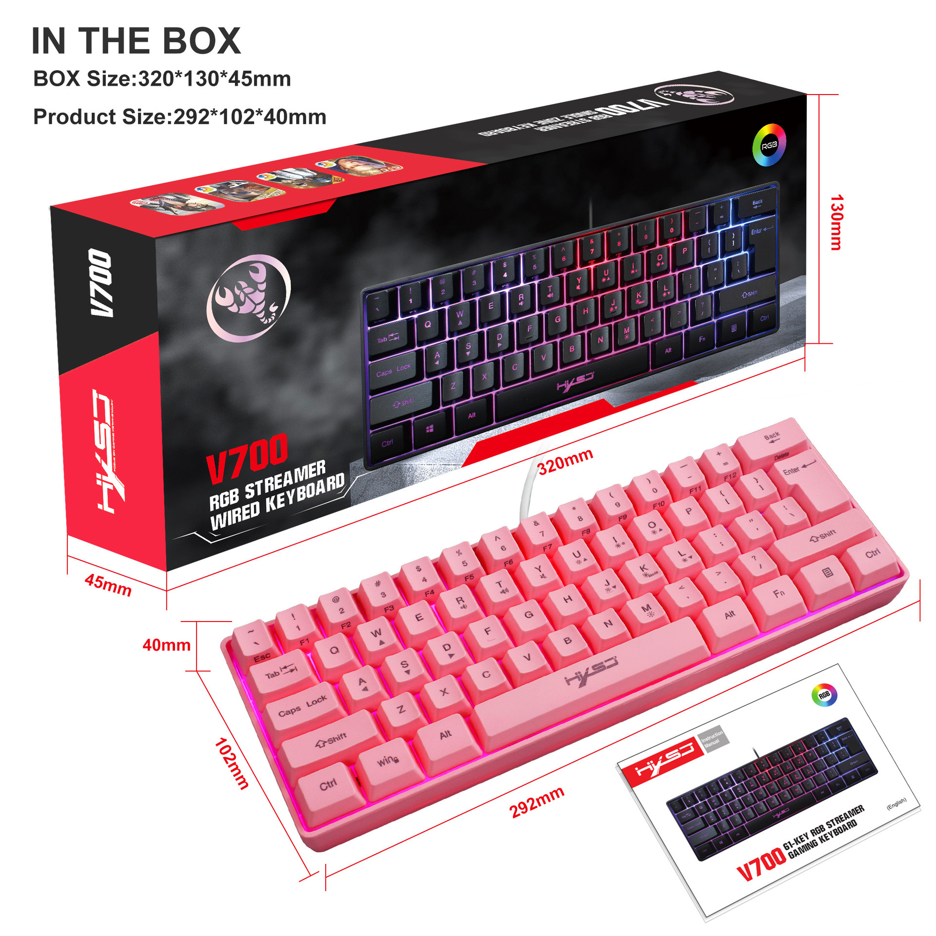 HXSJ 61 Key Gaming Membrane Keyboard RGB Light Multiple Shortcut Comb...