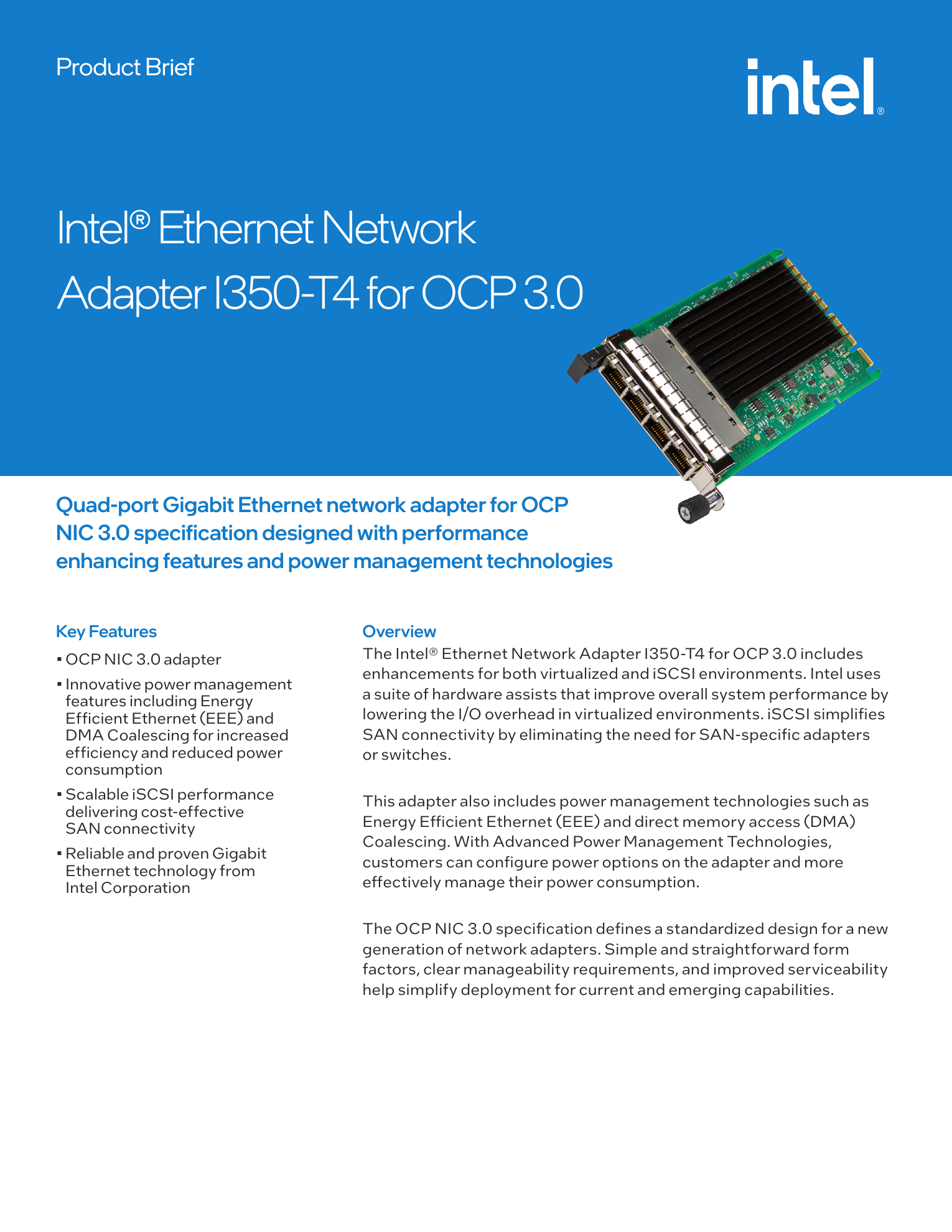Intel Network I350T4OCPV3G1P5 Ethernet Network Adapter OCP3.0 I350-T4...