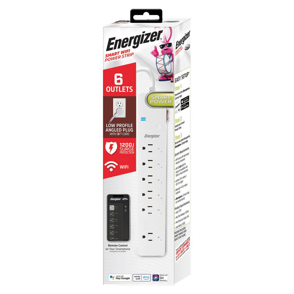 Energizer Connect EIS3-1004-WHT 6-AC Outlet 1,200-Joules Smart Wi-Fi ...