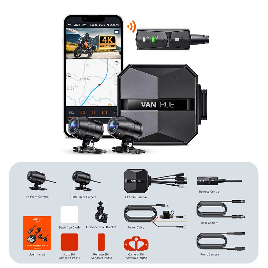 Vantrue F1 Motorcycle 4K Front and Rear Dash Cam GPS Full Body Waterpro...
