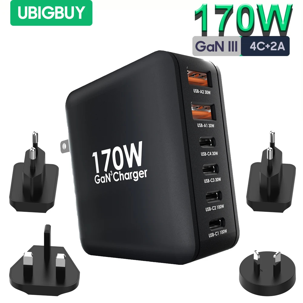 Ubigbuy 170W Fast Charger GaN 6-Port USB C PD 100W Wall Charger for MacBook Pro/Air ThinkPad iPad Pro Samsung S23 iPhone 15/14