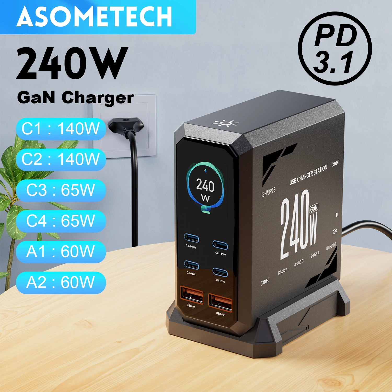 ASOMETECH ASOMETECH 240W GaN Charger PD3.1 140W USB Type C PPS 6 Port...