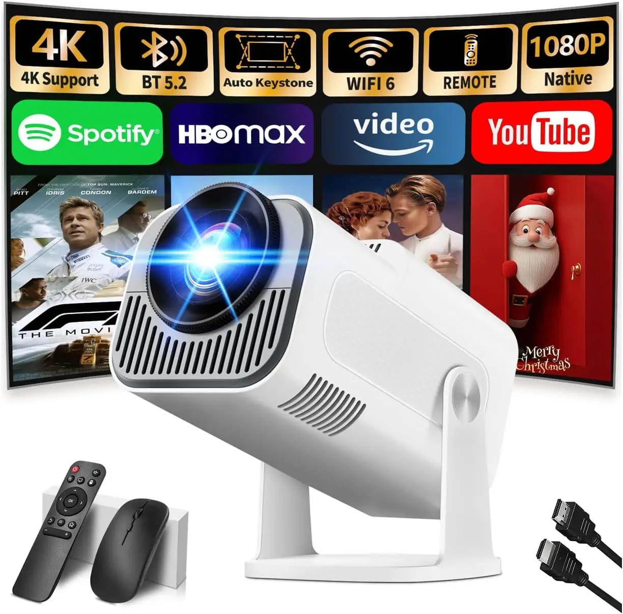 Upgraded Mini Projector: 4K/1080P, Auto Keystone, 270° Rotation, WiFi...