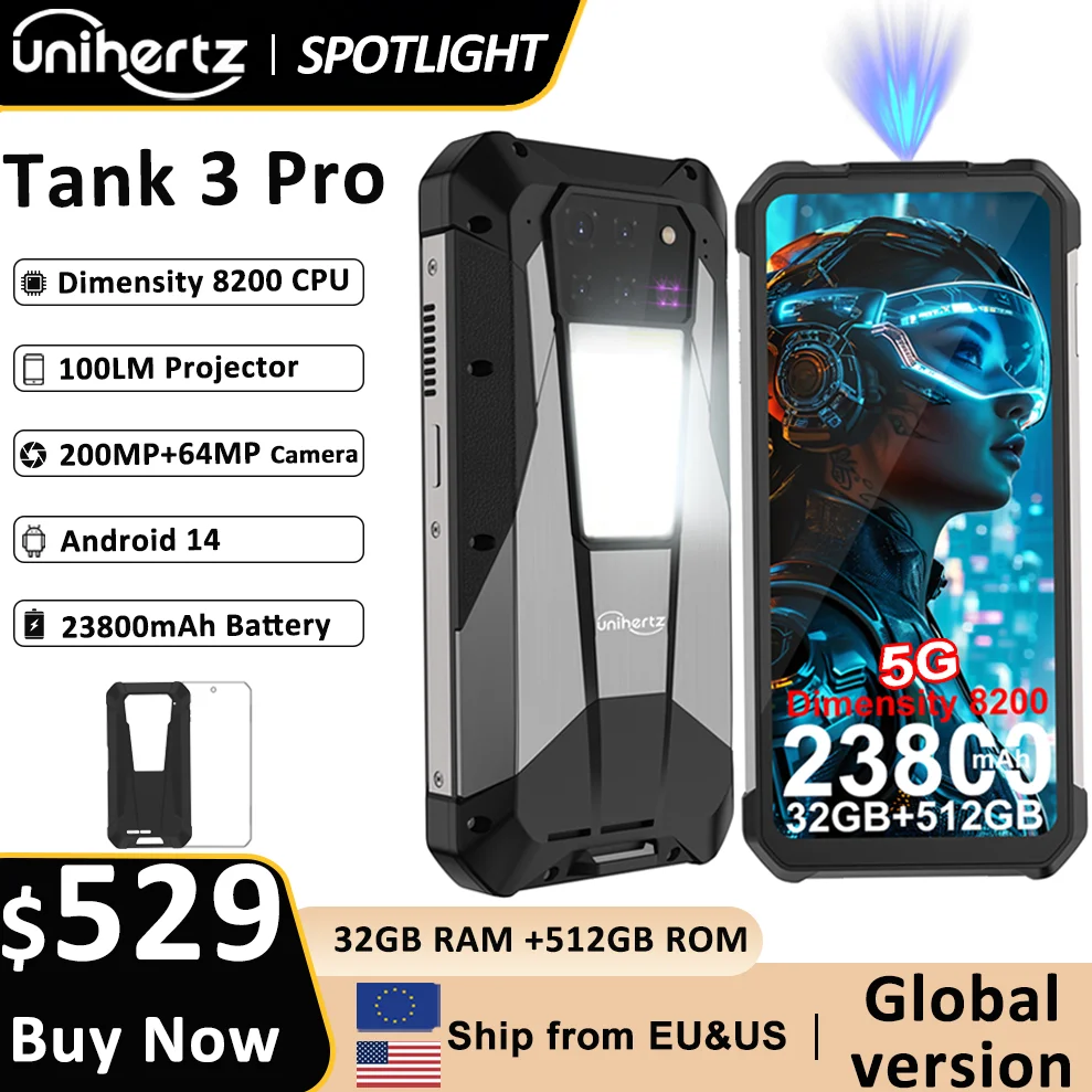 US EU MX Warehouse Unihertz Tank 3 Pro 8849 with 100 Lumens 5G Projecto...