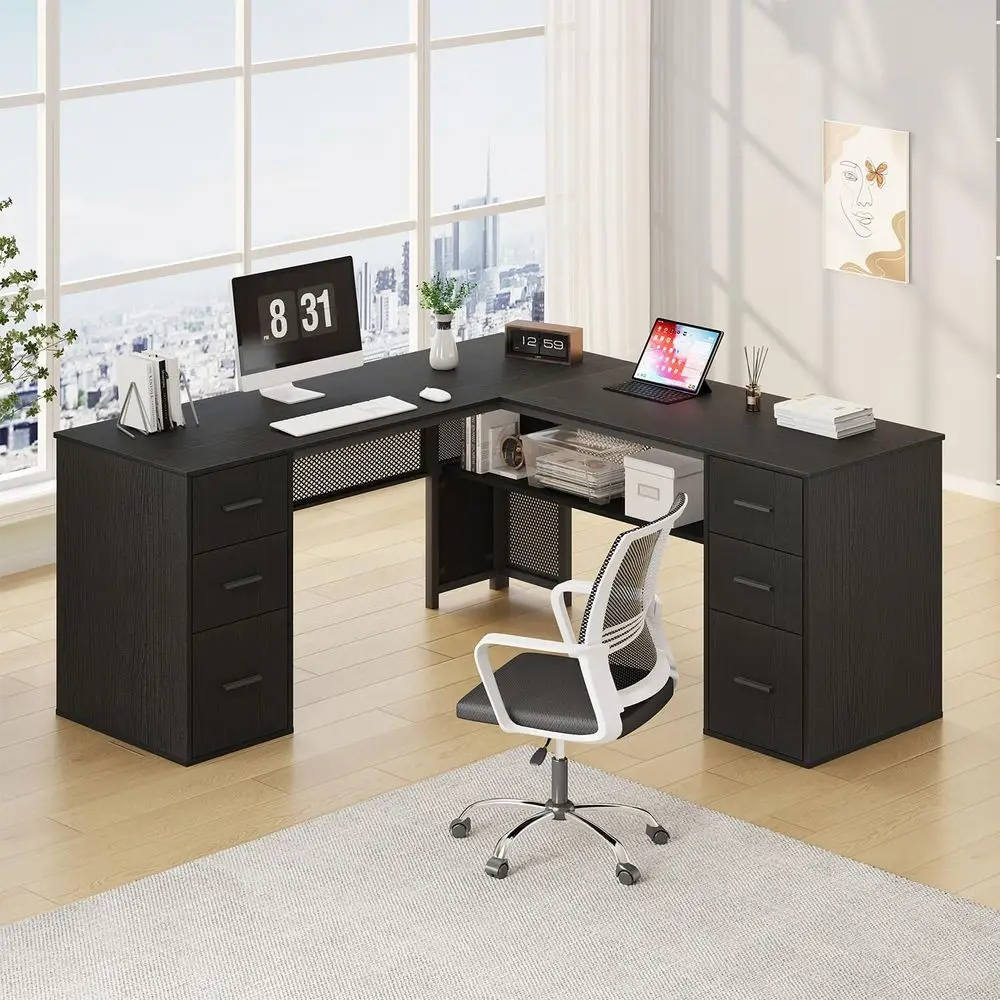 L-Shaped Desk with Storage, Reversible Metal and Wood Computer Desk, ...