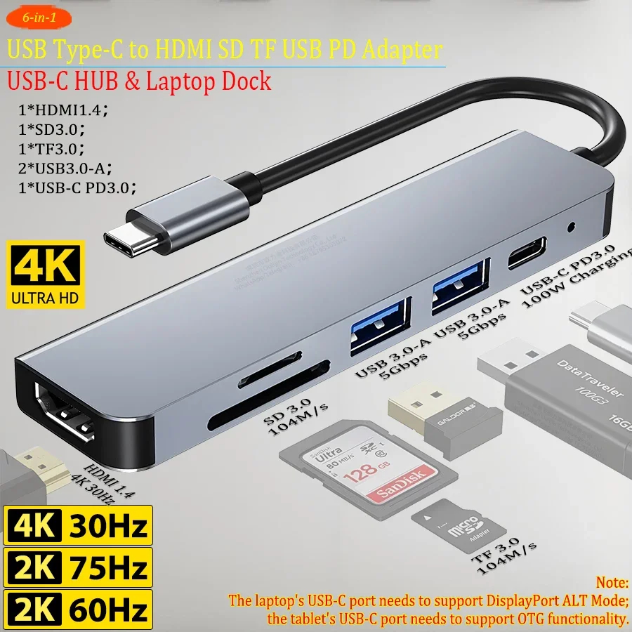 6-in-1 USB-C HUB Type-C to HDMI SD TF USB PD Adapter Laptop Dock for ...