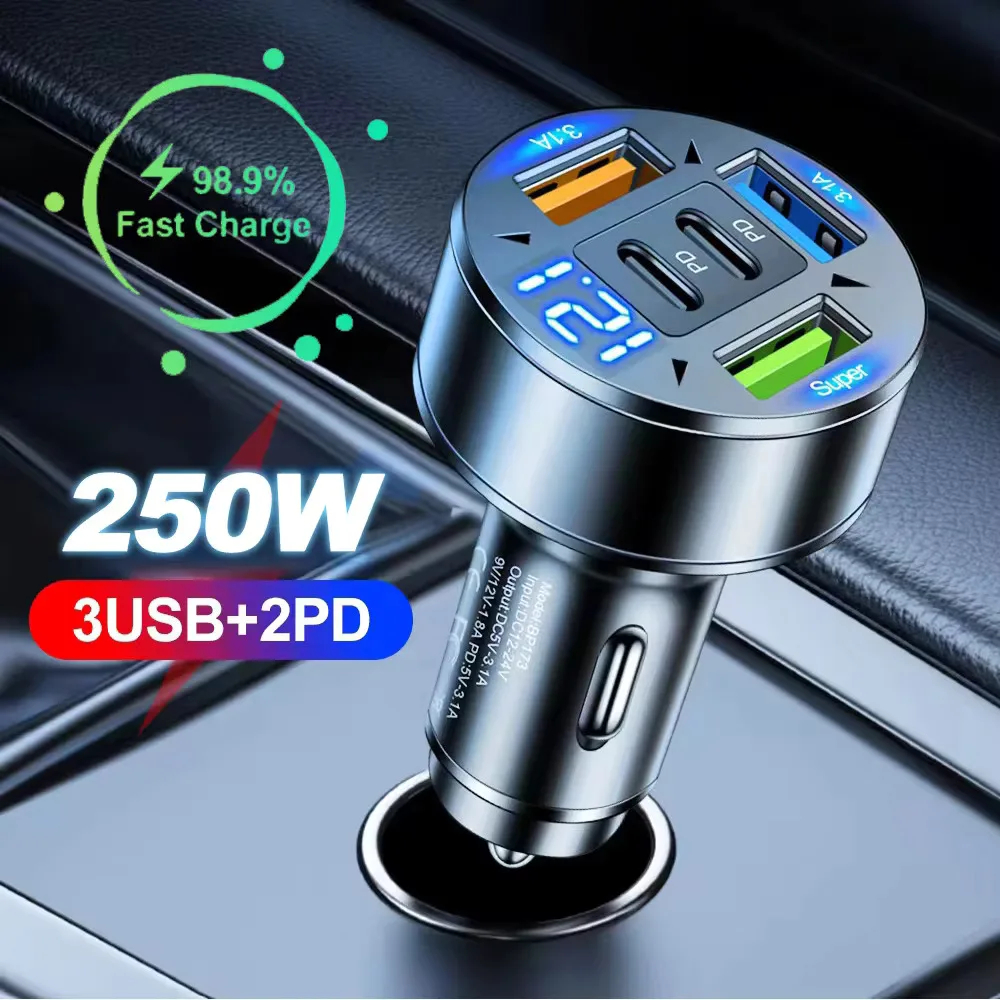 250W 5-Port USB-C Car Charger Adapter with Voltage Display