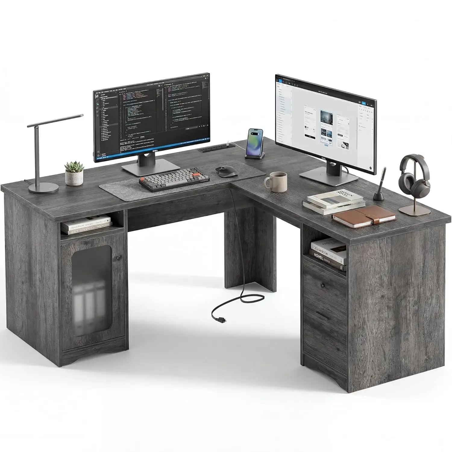 L Shaped Desk 59in Corner Computer Desk USB Port Power Outlet 2 Perso...