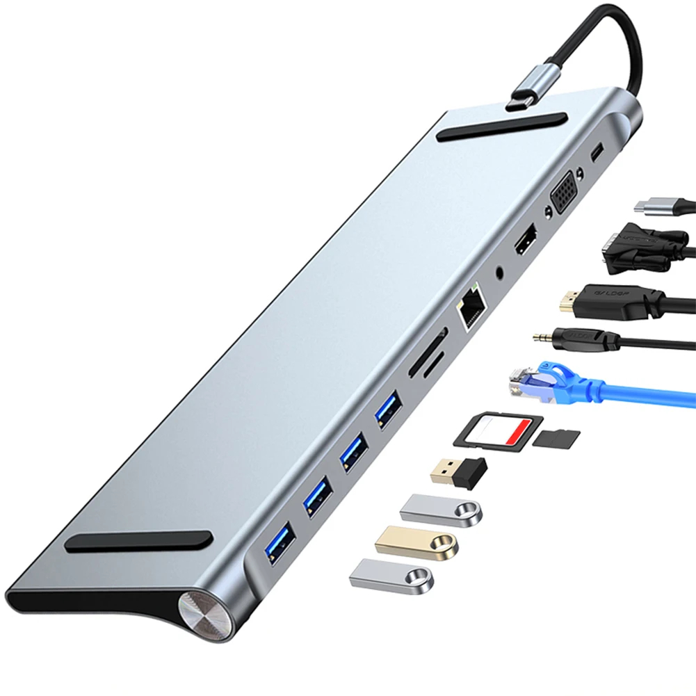 11 in 1 Type C Hub with 4K HDMI-Compatible VGA Ethernet Multiport Ada...
