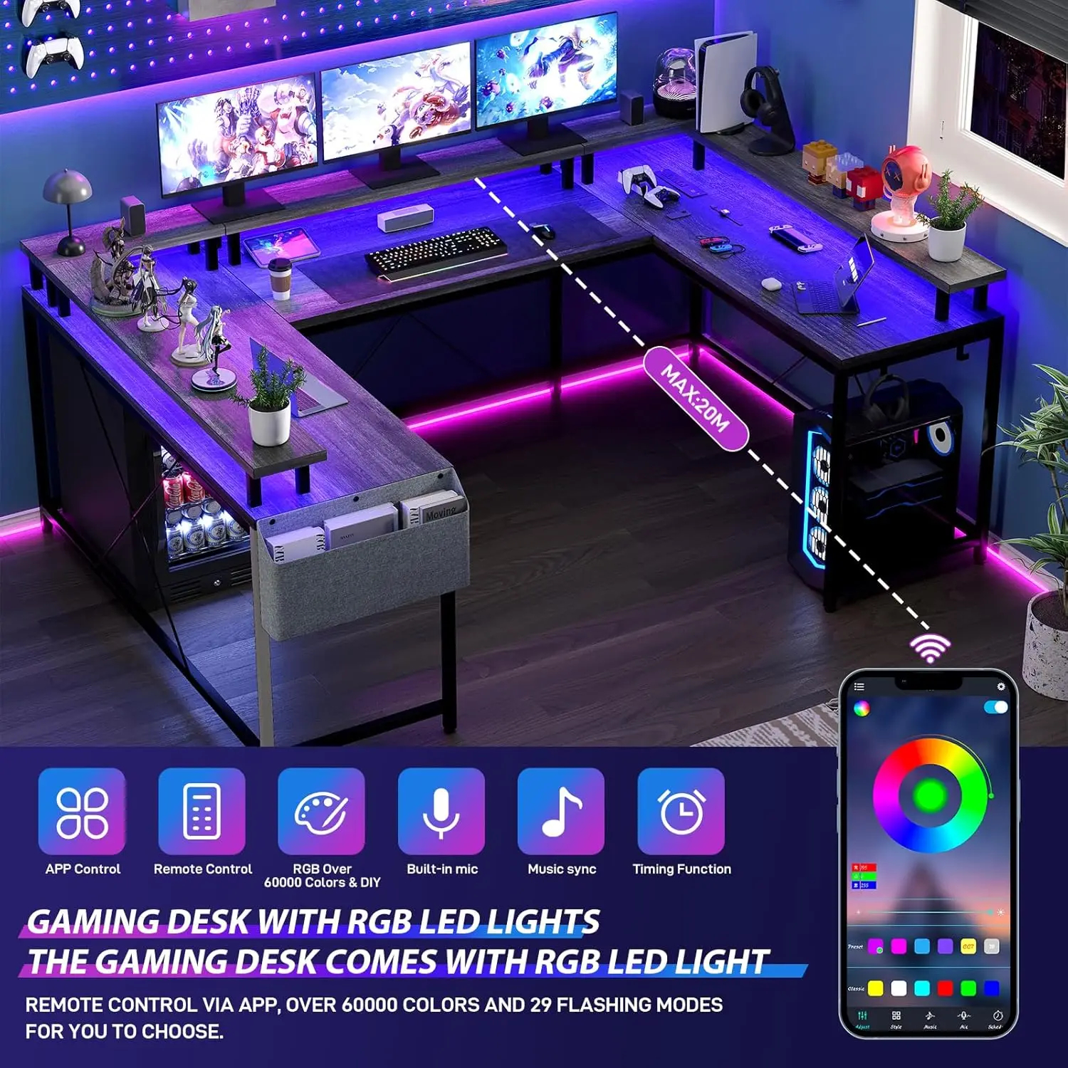 U Shaped Gaming Desk with Monitor Stand Storage Shelves, Corner Compu...