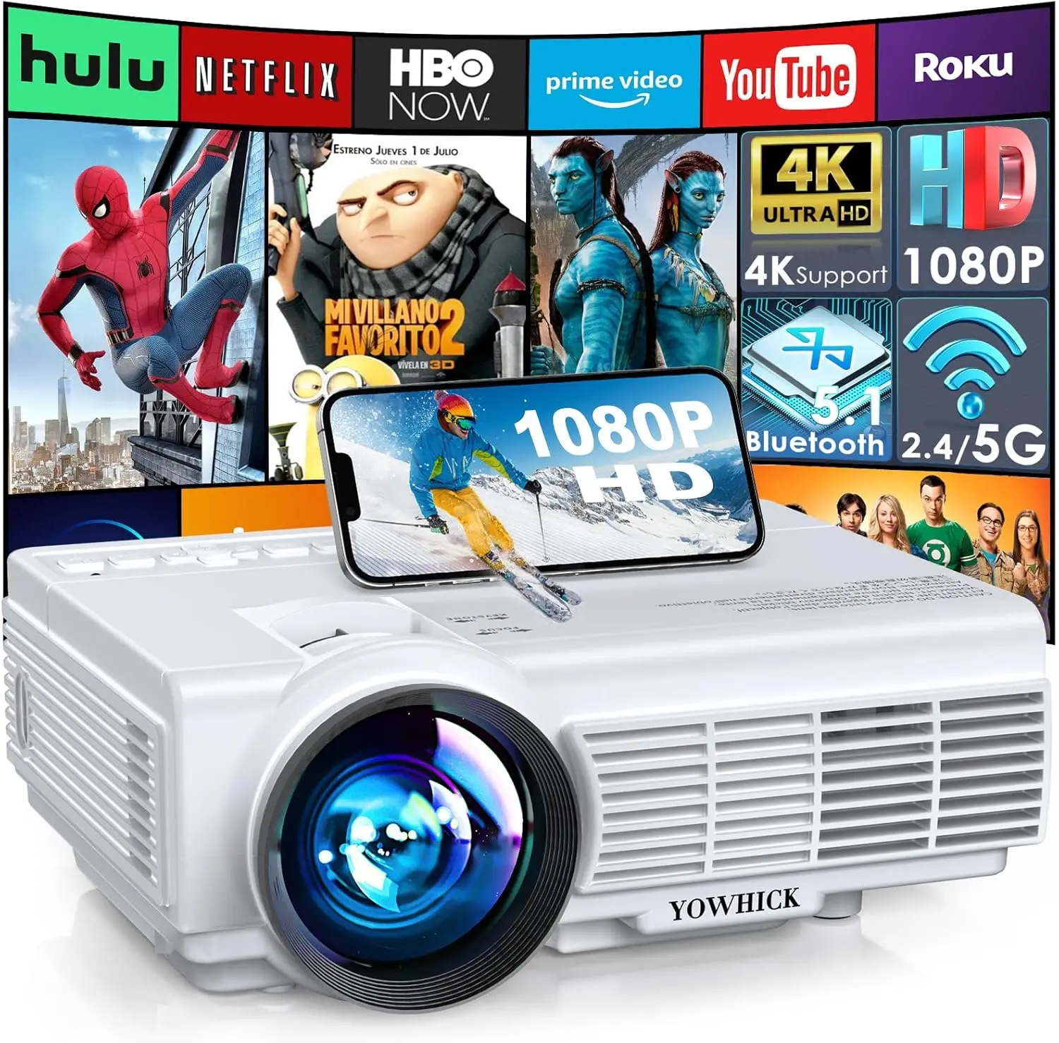 Portable WiFi Bluetooth Projector, 1080P HD 9500L with 4K Support for...