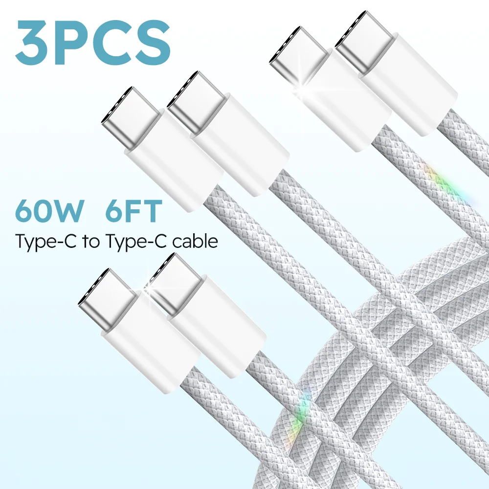 3-Pack 6 ft 60W Nylon USB-C to USB-C Fast Charging Cables - White