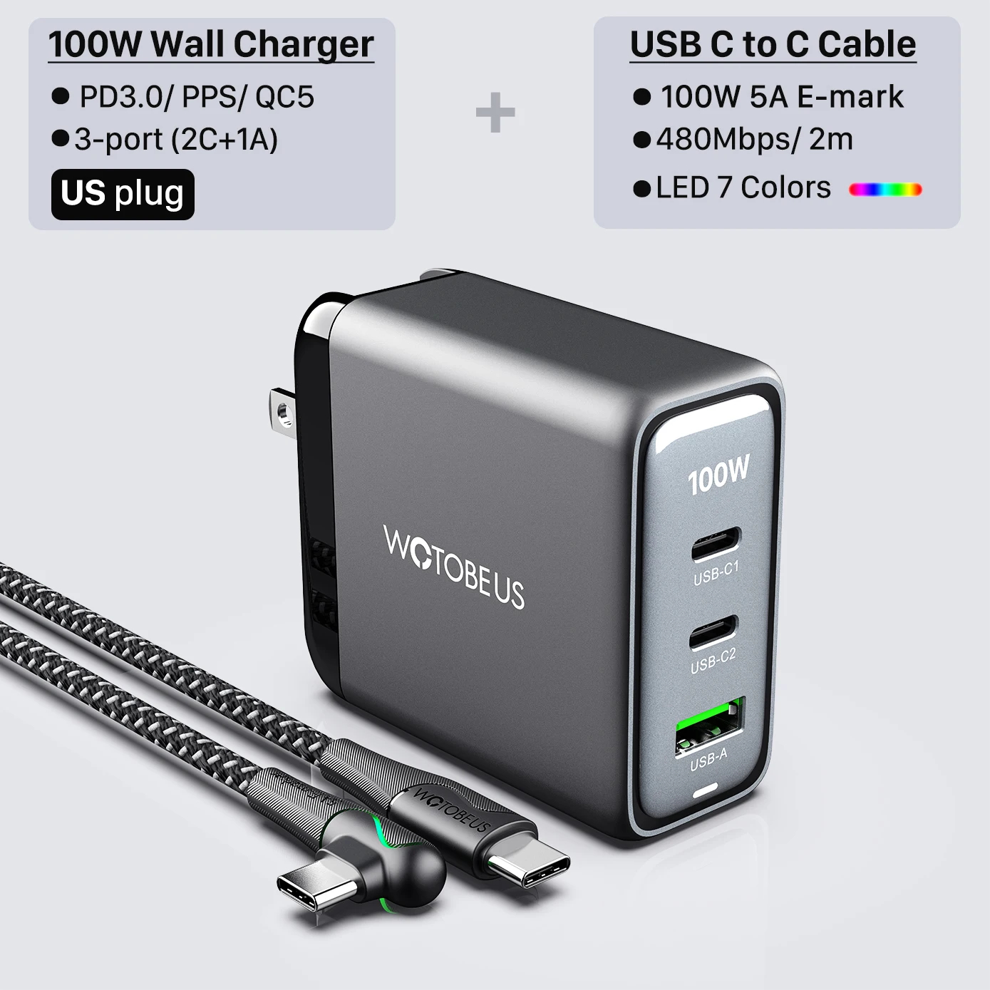 100W GaN USB-C Wall Charger,USB C PD100W PD65W 45W 20W For Laptop Mac...