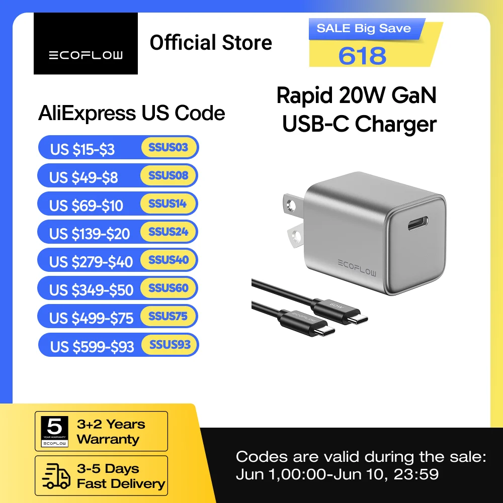 ECOFLOW USB C Charger, Rapid 20W/30W/65W GaN Type C Charging Block wi...