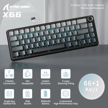 ATTACK SHARK X66 65% Wireless Mechanical Keyboard with Knob, 66 Keys Tri Mode Gasket Hot Swap RGB Gaming Keyboard 60 Percent,PBT