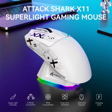 ATTACK SHARK X11 Lightweight Wireless Gaming Mouse with RGB Charging Dock, Tri-Mode-2.4G/USB-C Wired/BT