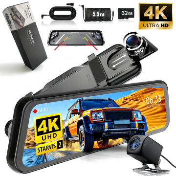 2 Channel Mirror Dash Cam with Front 4K, Rear 1080P Cameras, Enhanced Night Vision, G-Sensor & Parking Monitor, 32GB Card