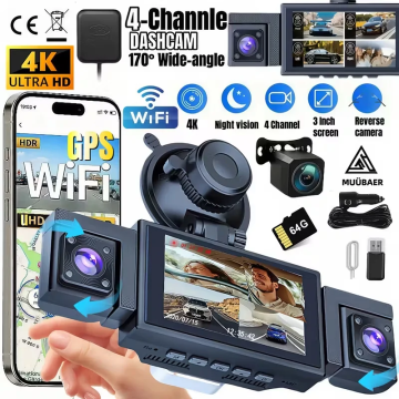 4-Channel 4K Car Dash Cam DVR, Built-in WiFi & GPS, Enhanced Night Vision, G-Sensor, 64GB Card Included, Front/Left/Right Camera