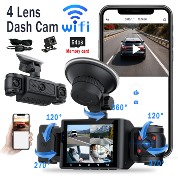 360° panoramic driving recorder, 4-channel 1080P HD Dash Cam with Wi-Fi function, super night vision, WDR, G-Sensor, looBLACK UNITED STATES 64G