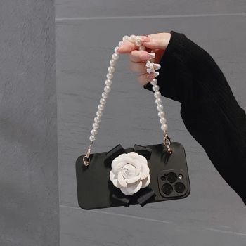 Temperament Camellia Pearl Chain Phone Case Soft Shell - Black-IPhone 15promax