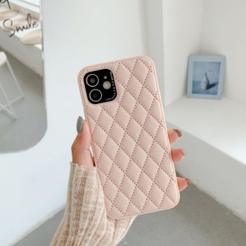 Solid Color Diamond Plaid Lambskin Phone Case - Pink-IPhone15Pro
