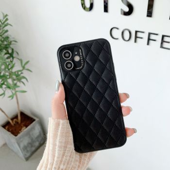 Solid Color Diamond Plaid Lambskin Phone Case - Black-IPhone14