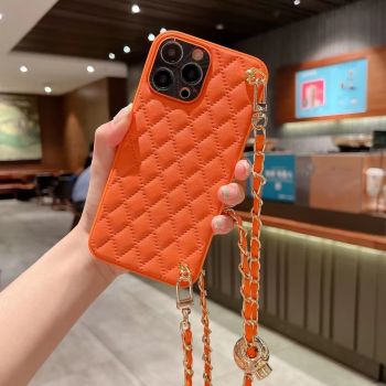 Phone Case Diamond Plaid Crossbody Protective Sleeve - Flame Orange Can Be Adjusted-IPhone13Pro