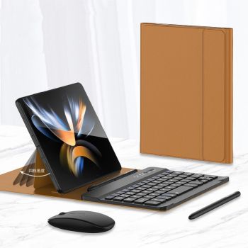 Wireless Keyboard Folding Leather Case Folding Mobile Phone Creative Holder Bluetooth Mouse - Brown-Samsung Fold