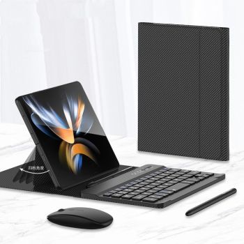 Wireless Keyboard Folding Leather Case Folding Mobile Phone Creative Holder Bluetooth Mouse - Carbon grain-Samsung Fold