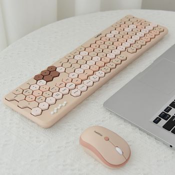 Skywalker Wireless Honeycomb Keyboard And Mouse Set - Milk tea